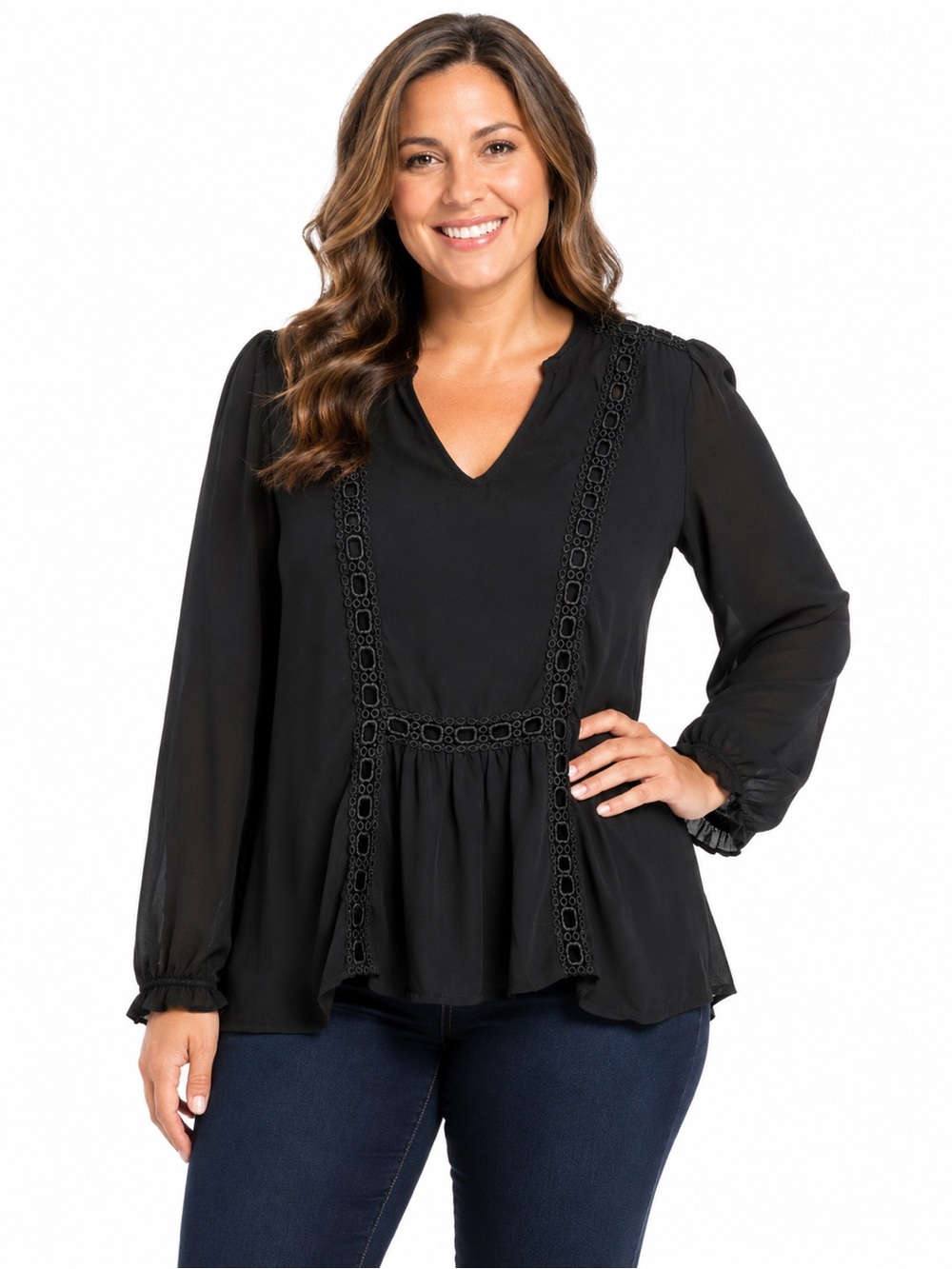 Black Boho Lace-Trim V-Neck Boho blouse M